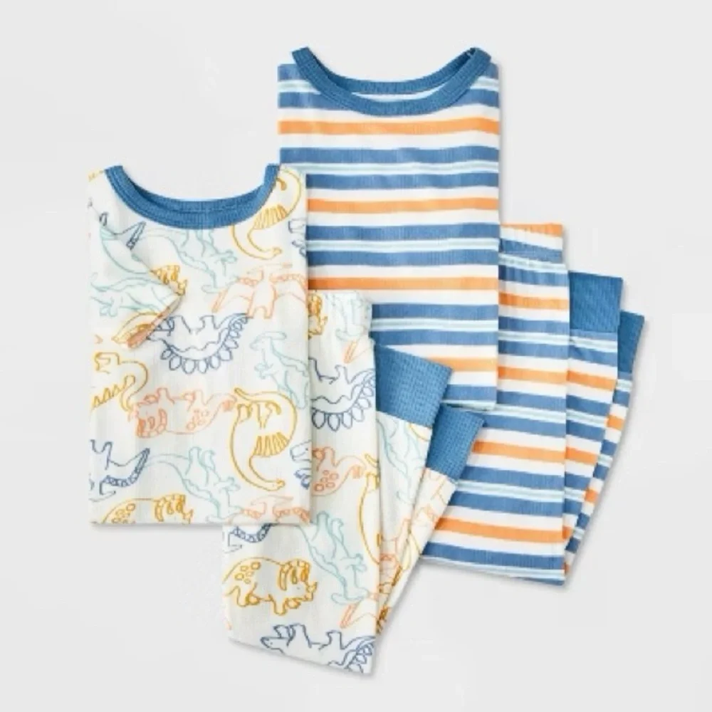 Toddler Boys' 4pc Dinos and Striped Ribbed Pajama Set